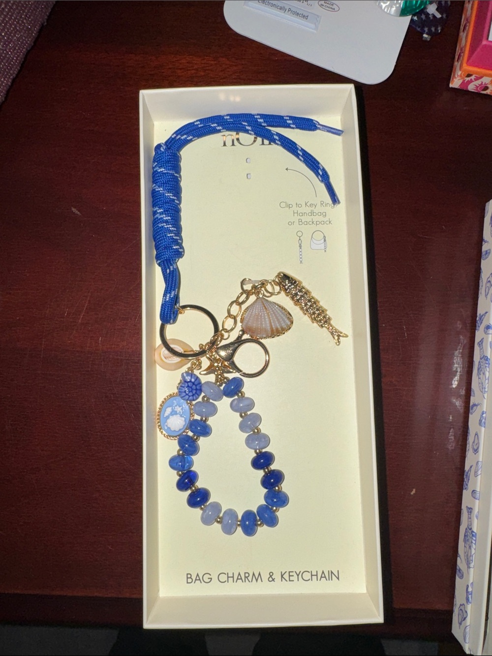 Blue Beaded Bag Charm & Keychain with Gold Accents
